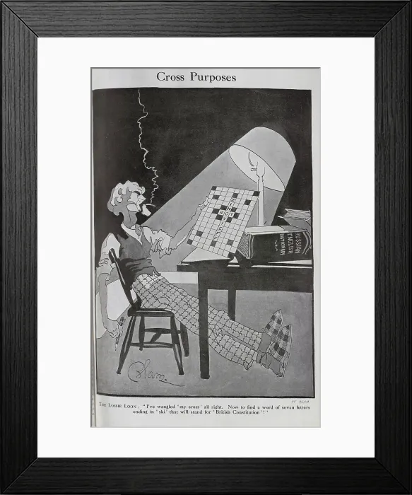 Framed Print : Caricature illustration of man smoking, struggling with crossword under lamp, with Russian-English dictionary. Captioned, Cross Purposes'. With quotation, The Lossie Loon: I've wangled my cross all right Framed Print : Caricature illustration of man smoking, struggling with crossword under lamp, with Russian-English dictionary. Captioned, Cross Purposes'. With quotation, The Lossie Loon: I've wangled my cross all right