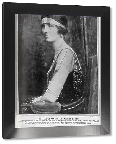 Marchioness of Carisbrooke, studio portrait in sequinned hairband and gown. Captioned, From our portrait gallery'. With description noting her charity work and interest in many charities