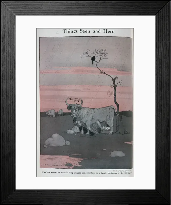 Framed Print : Caricature illustration, Highland Bull with radio aerial, with herdsman listening below. Captioned, Things seen and heard'. With description, How the spread of Broadcasting brought home-comforts to a lonely herdsman in Framed Print : Caricature illustration, Highland Bull with radio aerial, with herdsman listening below. Captioned, Things seen and heard'. With description, How the spread of Broadcasting brought home-comforts to a lonely herdsman in