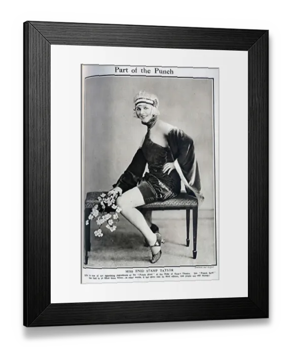 Framed Print : Enid Stamp Taylor, actress, theatrical studio portrait in velvet costume astride upholstered bench. Captioned, Part of the Punch'. Enid Georgiana Stamp Taylor (1904-1946) actress, was appearing in The Punch Bowl Framed Print : Enid Stamp Taylor, actress, theatrical studio portrait in velvet costume astride upholstered bench. Captioned, Part of the Punch'. Enid Georgiana Stamp Taylor (1904-1946) actress, was appearing in The Punch Bowl