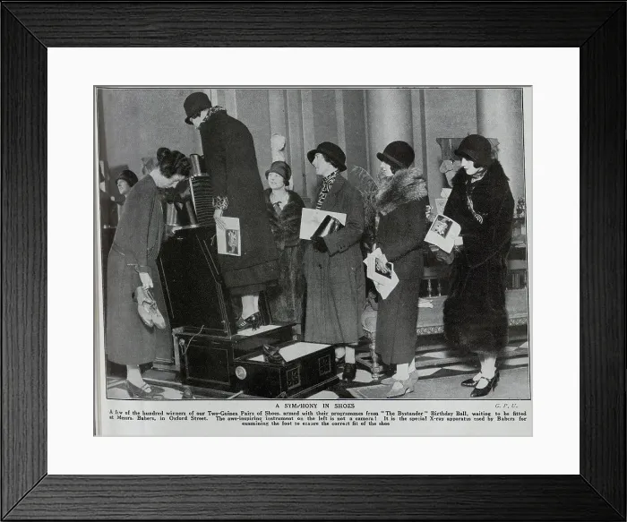 Framed Print : Queue of women for shoefitting xray machine, at Messrs Babers, Oxford Street, London. Captioned, Our twenty first birthday Gifts and Recipients and A Symphony in Shoes Framed Print : Queue of women for shoefitting xray machine, at Messrs Babers, Oxford Street, London. Captioned, Our twenty first birthday Gifts and Recipients and A Symphony in Shoes