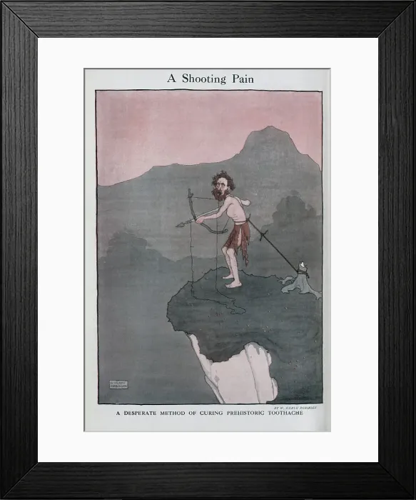 Framed Print : Caricature illustration of toothache cure, by Heath Robinson. Showing prehistoric man with string tied to tooth and tree stump, firing bow and arrow from top of a cliff Framed Print : Caricature illustration of toothache cure, by Heath Robinson. Showing prehistoric man with string tied to tooth and tree stump, firing bow and arrow from top of a cliff