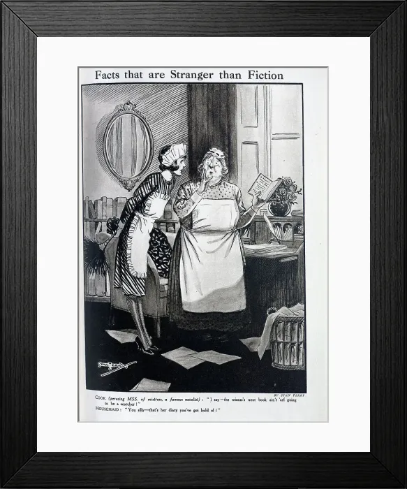 Framed Print : Caricature illustration of flustered Cook and assertive Housemaid, by Stan Terry. Captioned, Facts are Stranger than Fiction'. With quotations, COOK (perusing MSS of mistress) Framed Print : Caricature illustration of flustered Cook and assertive Housemaid, by Stan Terry. Captioned, Facts are Stranger than Fiction'. With quotations, COOK (perusing MSS of mistress)
