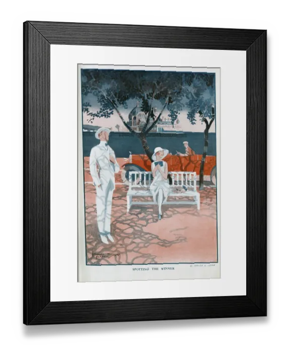 Framed Print : Seaside scene, Spotting the Winner, by Howard K Elcock. Showing stylish man, and woman on bench beneath trees, with man driving Rolls Royce along sea front. With pier and pavilion in background Framed Print : Seaside scene, Spotting the Winner, by Howard K Elcock. Showing stylish man, and woman on bench beneath trees, with man driving Rolls Royce along sea front. With pier and pavilion in background