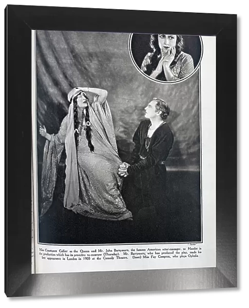 Hamlet at the Haymarket Theatre, theatrical portraits. With description, Miss Constance Collier as the Queen and Mr John Barrymore, the famous American actor-manager, as Hamlet in the production which has its premiere to-morrow (Thursday)