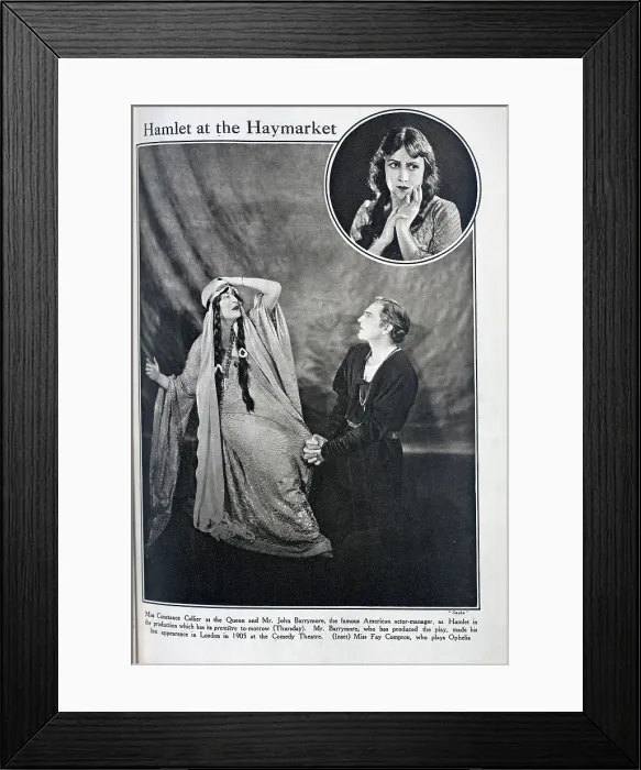 Framed Print : Hamlet at the Haymarket Theatre, theatrical portraits. With description, Miss Constance Collier as the Queen and Mr John Barrymore, the famous American actor-manager, as Hamlet in the production which has its premiere to-morrow (Thursday) Framed Print : Hamlet at the Haymarket Theatre, theatrical portraits. With description, Miss Constance Collier as the Queen and Mr John Barrymore, the famous American actor-manager, as Hamlet in the production which has its premiere to-morrow (Thursday)