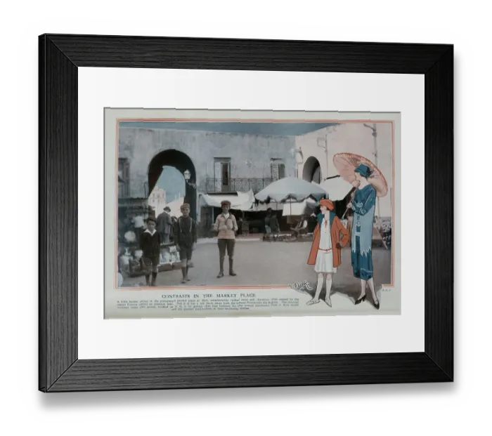 Framed Print : Photograph enhanced with illustrations in foreground, showing children in marketplace, Nice, France. With illustrations of fashionable woman and girl in foreground, looking Framed Print : Photograph enhanced with illustrations in foreground, showing children in marketplace, Nice, France. With illustrations of fashionable woman and girl in foreground, looking