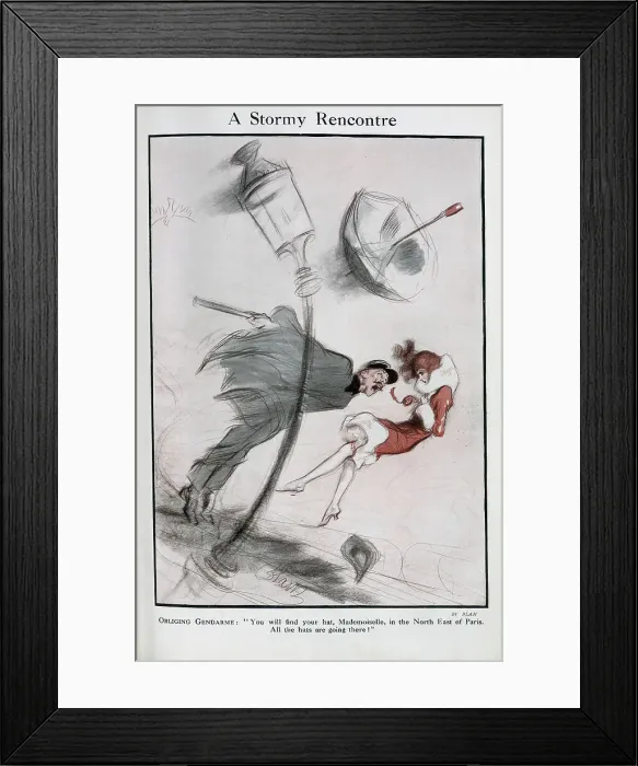 Framed Print : Caricature, illustration, gendarme, elegant, woman, struggling, street, scene, windy Paris, Stormy, Rencontre, hat, Mademoiselle, Blam, Edmund, Blampied, artist, illustrator, art, humorous, 1925, 1920s, 20th, century Date: 1925 Framed Print : Caricature, illustration, gendarme, elegant, woman, struggling, street, scene, windy Paris, Stormy, Rencontre, hat, Mademoiselle, Blam, Edmund, Blampied, artist, illustrator, art, humorous, 1925, 1920s, 20th, century Date: 1925