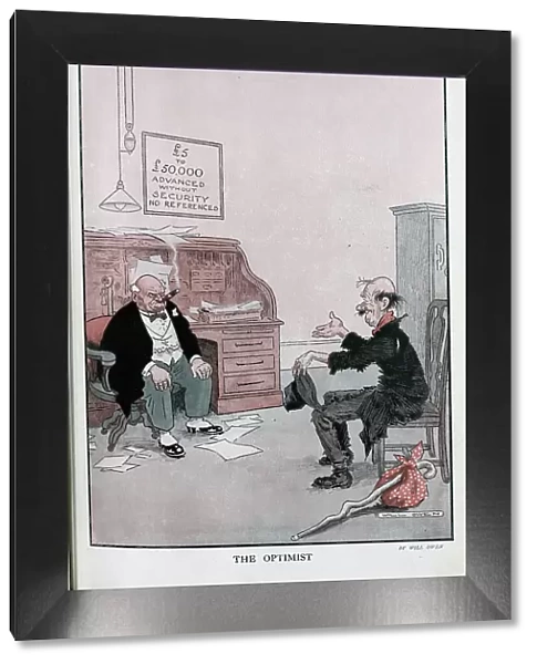 Caricature illustration, The Optimist by Will Owen. Showing homeless man with handkerchief tied to stick, asking grumpy banker with cigar for a loan