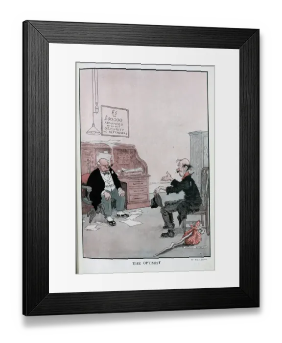 Framed Print : Caricature illustration, The Optimist by Will Owen. Showing homeless man with handkerchief tied to stick, asking grumpy banker with cigar for a loan Framed Print : Caricature illustration, The Optimist by Will Owen. Showing homeless man with handkerchief tied to stick, asking grumpy banker with cigar for a loan