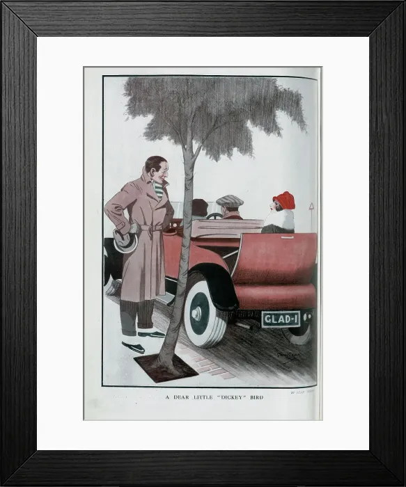 Framed Print : Caricature illustration, A Dear Little Dickey Bird, by Stan Terry. Showing confident man under a tree, staring at woman passenger in motor car Framed Print : Caricature illustration, A Dear Little Dickey Bird, by Stan Terry. Showing confident man under a tree, staring at woman passenger in motor car
