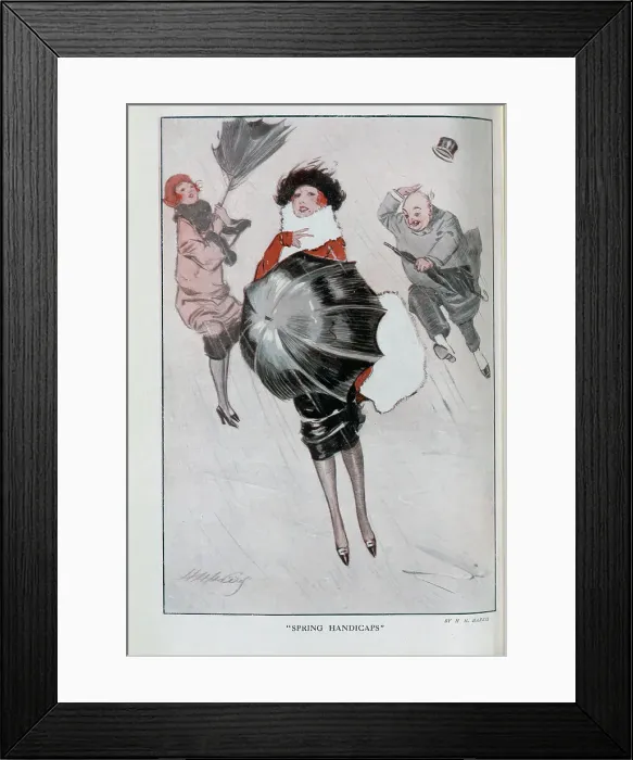 Framed Print : Caricature illustration, Spring Handicaps showing two women and a man battling against wind and rain, with umbrellas, by H H Harris. Date: 1925 Framed Print : Caricature illustration, Spring Handicaps showing two women and a man battling against wind and rain, with umbrellas, by H H Harris. Date: 1925