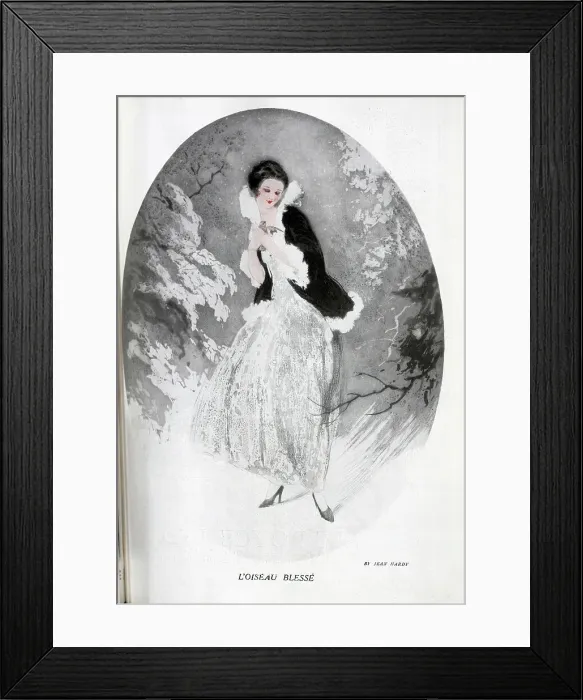 Framed Print : Illustration of woman wearing fur trimmed jacket, in winter snow scene, holding rescued bird, trees in background. Captioned, L'Oiseau Blesse by Jean Hardy, artist (b1880, fl 1925-1935), known for boudoir style illustrations Framed Print : Illustration of woman wearing fur trimmed jacket, in winter snow scene, holding rescued bird, trees in background. Captioned, L'Oiseau Blesse by Jean Hardy, artist (b1880, fl 1925-1935), known for boudoir style illustrations