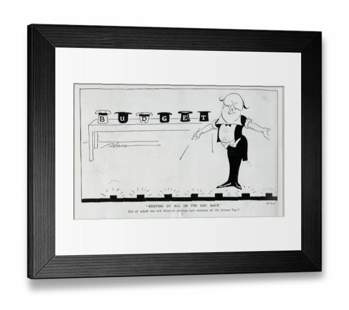 Framed Print : Caricature illustration of Winston Churchill presenting budget, by Blam. Showing Churchill with magic wand, in front of budget presented on hats along table Framed Print : Caricature illustration of Winston Churchill presenting budget, by Blam. Showing Churchill with magic wand, in front of budget presented on hats along table