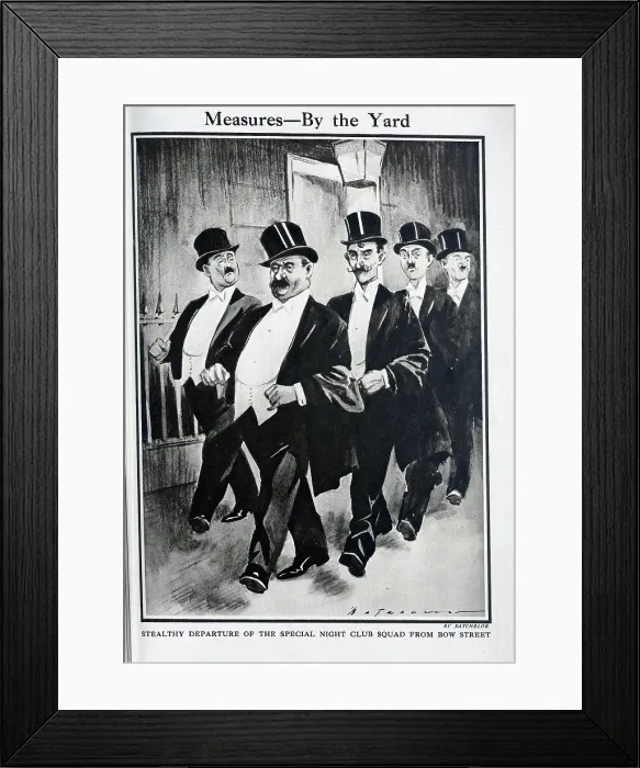 Framed Print : Caricature illustration, by Batchelor, showing policemen in top hats and evening dress suits, passing by police station. Captioned, Measures - by The Yard and Stealthy departure of the Night Club Squad from Bow Street Framed Print : Caricature illustration, by Batchelor, showing policemen in top hats and evening dress suits, passing by police station. Captioned, Measures - by The Yard and Stealthy departure of the Night Club Squad from Bow Street