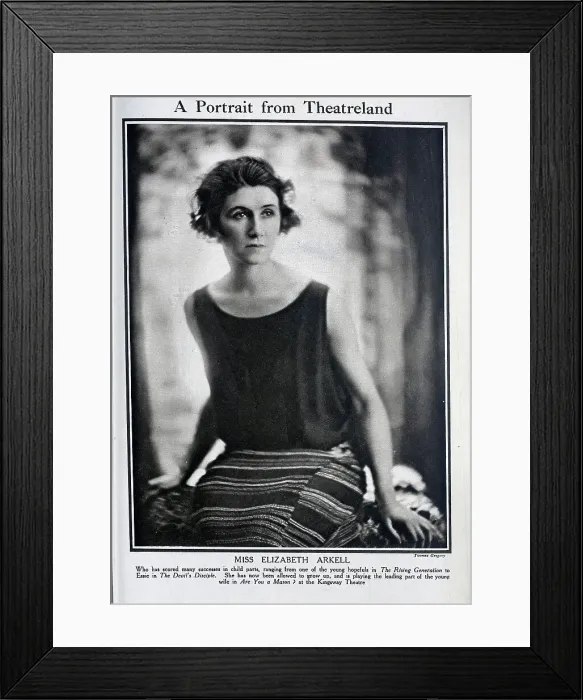 Framed Print : Elizabeth Arkell, (1891?-1962) actress, seated studio portrait. Captioned, A Portrait from Theatreland'. With description, Who has scored many successes in child parts Framed Print : Elizabeth Arkell, (1891?-1962) actress, seated studio portrait. Captioned, A Portrait from Theatreland'. With description, Who has scored many successes in child parts