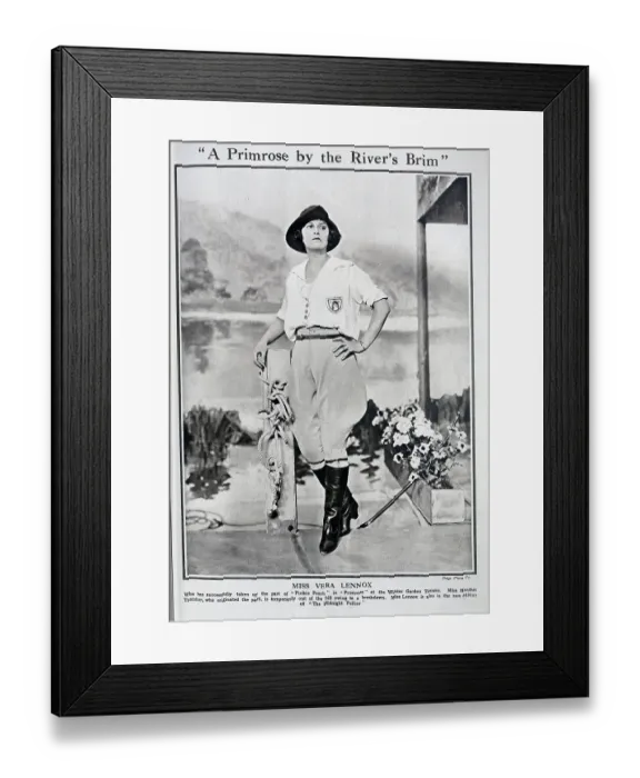 Framed Print : Vera Lennox, actress, (1903-1984) theatrical portrait in jodhpurs and boots. Captioned, A Primrose by the River's Brim'. Vera Lennox had recently taken on the role of Pinkie Peach in Primrose at The Winter Garden Framed Print : Vera Lennox, actress, (1903-1984) theatrical portrait in jodhpurs and boots. Captioned, A Primrose by the River's Brim'. Vera Lennox had recently taken on the role of Pinkie Peach in Primrose at The Winter Garden