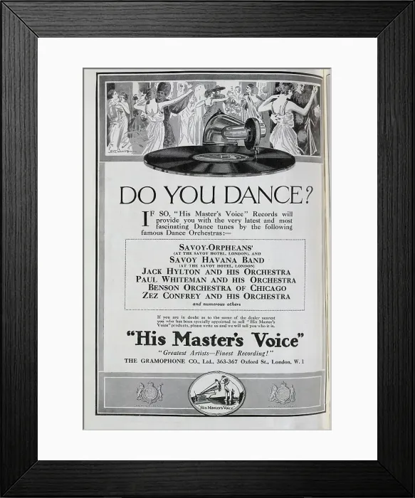 Framed Print : Advertisement for the Gramophone Company Limited. Showing couples dancing, with Gramophone record, stylus and tone arm in the foreground, along with a list of recordings available Framed Print : Advertisement for the Gramophone Company Limited. Showing couples dancing, with Gramophone record, stylus and tone arm in the foreground, along with a list of recordings available