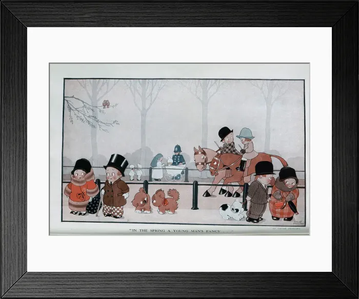 Framed Print : Caricature illustration by Chloe Preston. Captioned, In the Spring a Young Man's Fancy'. Showing children, dogs, ponies, nurse and policeman in park scene Framed Print : Caricature illustration by Chloe Preston. Captioned, In the Spring a Young Man's Fancy'. Showing children, dogs, ponies, nurse and policeman in park scene