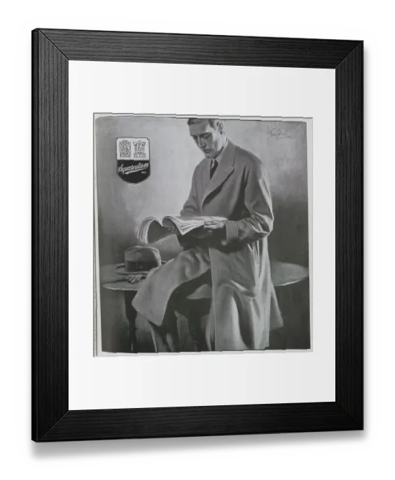 Framed Print : Advertisement for Aquascutum, by Tom Purvis. Showing elegant man in Aquascutum coat, reading a magazine, whilst seated on a table. Aquascutum was founded in 1851 by John Emary, creating the first waterproof wool fabric in 1853 Framed Print : Advertisement for Aquascutum, by Tom Purvis. Showing elegant man in Aquascutum coat, reading a magazine, whilst seated on a table. Aquascutum was founded in 1851 by John Emary, creating the first waterproof wool fabric in 1853