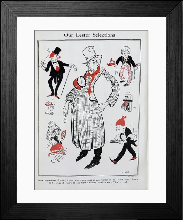 Framed Print : Caricature illustrations of Alfred Lester, actor and comedian (1874-1925), by Hynes. Captioned, Our Lester Selection'. With description, Some impressions of Alfred Lester Framed Print : Caricature illustrations of Alfred Lester, actor and comedian (1874-1925), by Hynes. Captioned, Our Lester Selection'. With description, Some impressions of Alfred Lester