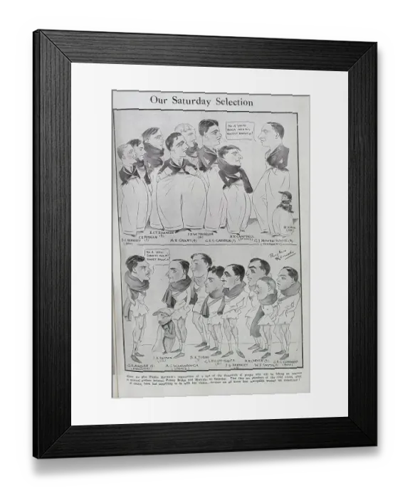 Framed Print : Caricature illustrations, Our Saturday Selection, by Phyllis Kermode, illustrator. Showing the Oxford and Cambridge boat race teams, with quotations, No 4, your bags aren't baggy enough Framed Print : Caricature illustrations, Our Saturday Selection, by Phyllis Kermode, illustrator. Showing the Oxford and Cambridge boat race teams, with quotations, No 4, your bags aren't baggy enough