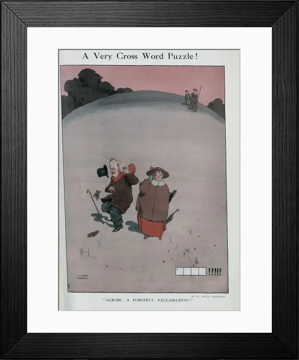 Framed Print : Caricature illustration by W Heath Robinson. Showing angry man being hit by golf ball in foreground, woman with finger in her ear, two golfers in background looking Framed Print : Caricature illustration by W Heath Robinson. Showing angry man being hit by golf ball in foreground, woman with finger in her ear, two golfers in background looking