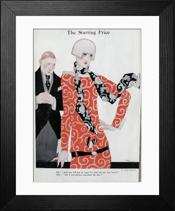 Framed Print : Caricature illustration, The Starting Price by Rene Vincent. Showing fashionable woman in tunic and scarf, with blushing gentleman standing behind her Framed Print : Caricature illustration, The Starting Price by Rene Vincent. Showing fashionable woman in tunic and scarf, with blushing gentleman standing behind her