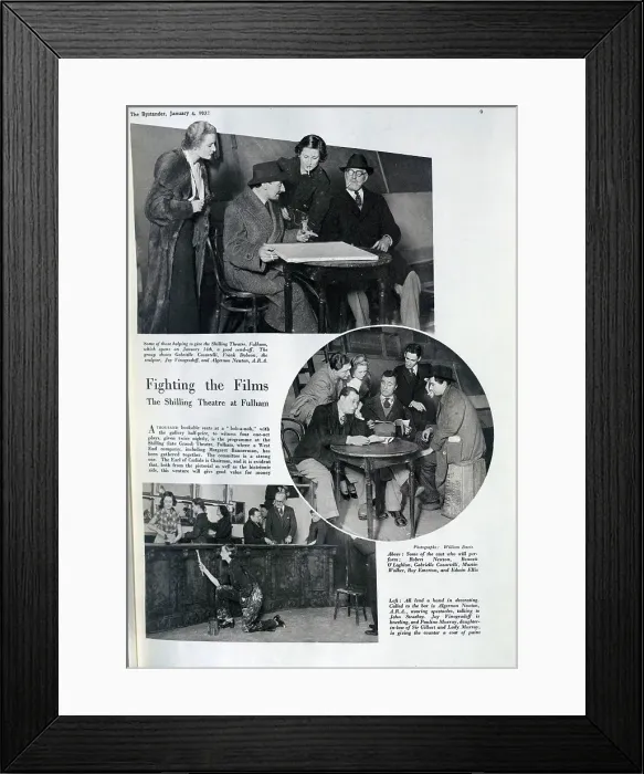 Framed Print : Shilling Theatre, Fulham, photographs of founders, volunteers and performers rehearsing. Captioned, Fighting the films: The Shilling Theatre at Fulham