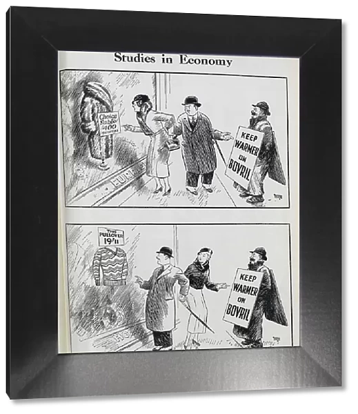 Cartoon advertisements for Bovril, captioned, Studies in Economy'. Showing man and woman looking first at fur coat, then new pullover, with man wearing billboard advertising. Keep warmer on Bovril