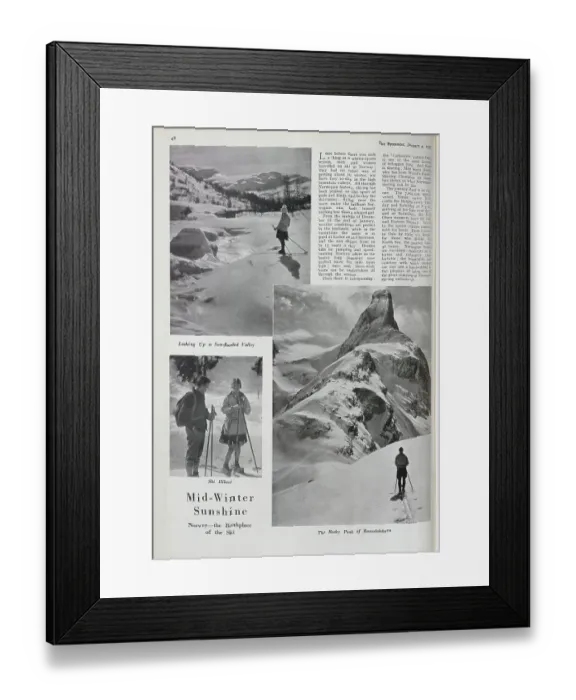 Framed Print : Photographs of skiers and snow scapes, Norway. Captioned, Mid-Winter Sunshine: Norway-the Birthplace of the Ski, Looking Up a Sun-flooded Valley, Ski Hikers, and The Rocky Peak of Romsdalshorn Framed Print : Photographs of skiers and snow scapes, Norway. Captioned, Mid-Winter Sunshine: Norway-the Birthplace of the Ski, Looking Up a Sun-flooded Valley, Ski Hikers, and The Rocky Peak of Romsdalshorn