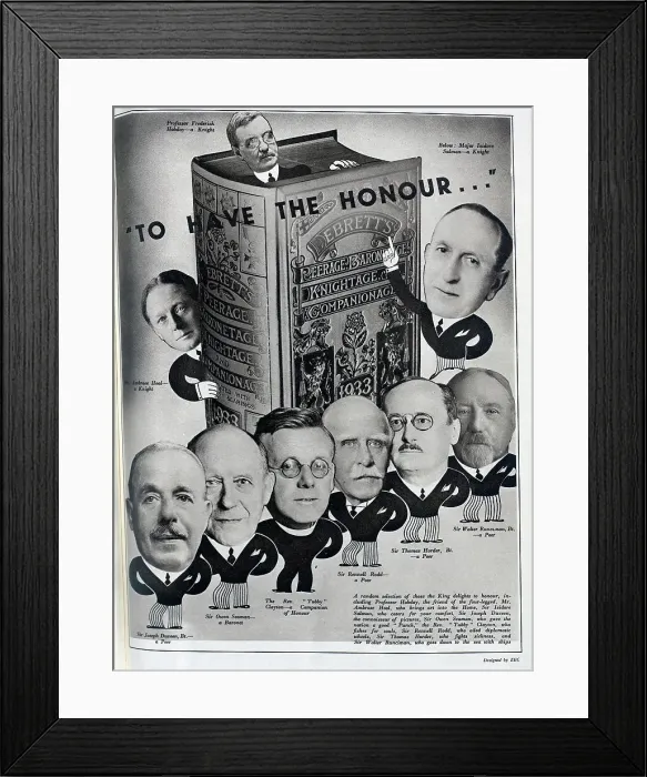 Framed Print : Advertisment for Debrett's Peerage. With a photograph of the book, and photomontage with illustrations, of titled men of note. Designed by Zec. With captions of the men illustrated, Major Isidore Salmon-a Knight Framed Print : Advertisment for Debrett's Peerage. With a photograph of the book, and photomontage with illustrations, of titled men of note. Designed by Zec. With captions of the men illustrated, Major Isidore Salmon-a Knight