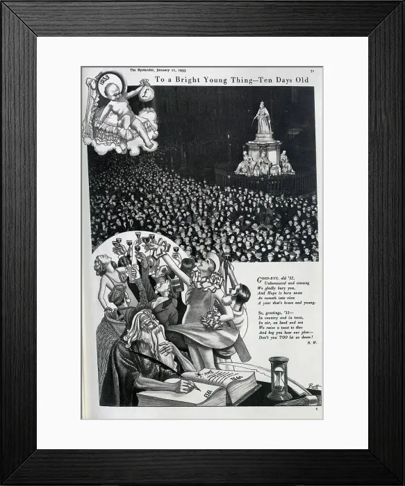 Framed Print : 1933 New Year celebrations, photographs of crowds in London, with illustrations of Old Father Time and the baby 1933, with revellers raising a toast. With a poem honouring 1932 and 1933. Captioned, To a bright young thing, ten days old Framed Print : 1933 New Year celebrations, photographs of crowds in London, with illustrations of Old Father Time and the baby 1933, with revellers raising a toast. With a poem honouring 1932 and 1933. Captioned, To a bright young thing, ten days old