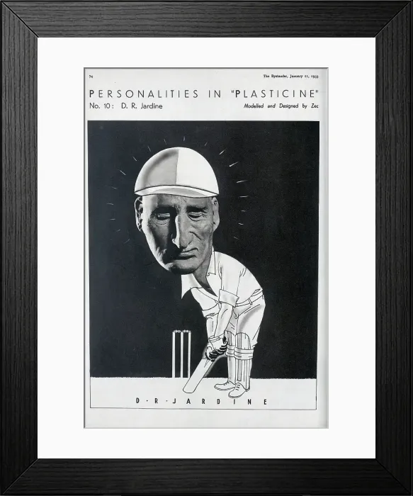 Framed Print : Caricature illustration of D R Jardine, cricketer, in plasticine and pen. Captioned, Personalities in Plasticine, No 10 D R Jardine'. Philip Zec (1909-1983), illustrator and cartoonist Framed Print : Caricature illustration of D R Jardine, cricketer, in plasticine and pen. Captioned, Personalities in Plasticine, No 10 D R Jardine'. Philip Zec (1909-1983), illustrator and cartoonist