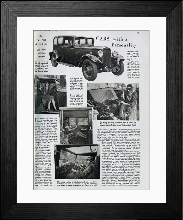 Framed Print : Cars with a personality, the Humber by Lord Cardigan. Advertorial with photographs of the new Humber 16 / 60 HP. With descriptions, Although carrying large and comfortable coachwork, the new 16 / 60-h. p Framed Print : Cars with a personality, the Humber by Lord Cardigan. Advertorial with photographs of the new Humber 16 / 60 HP. With descriptions, Although carrying large and comfortable coachwork, the new 16 / 60-h. p