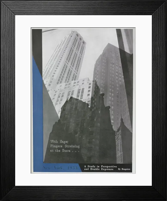 Framed Print : Photograph of New York buildings, showing double image of skyscrapers. Captioned, With eager fingers straining at the stars A Study in Perspective and Double Exposure'. Date: 1933 Framed Print : Photograph of New York buildings, showing double image of skyscrapers. Captioned, With eager fingers straining at the stars A Study in Perspective and Double Exposure'. Date: 1933