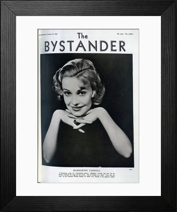 Framed Print : Madelaine Carroll, actress (1906-1987), studio portrait. With description, A fascinating study of a fascinating person: Madeleine Carroll, who has, for the moment, deserted the stage for the screen Framed Print : Madelaine Carroll, actress (1906-1987), studio portrait. With description, A fascinating study of a fascinating person: Madeleine Carroll, who has, for the moment, deserted the stage for the screen