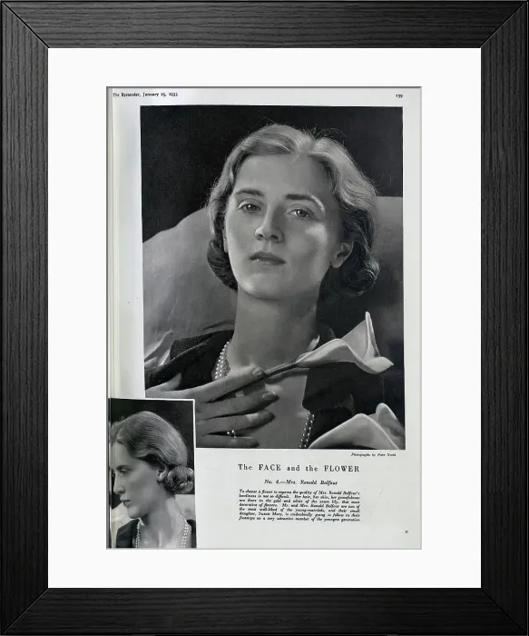 Framed Print : Mrs Ronald Balfour, studio portraits. Captioned, The Face and the Flower No 4 Mrs Ronald Balfour'. With description, To choose a flower to express the quality of Mrs Ronald Balfour's loveliness is not so difficult Framed Print : Mrs Ronald Balfour, studio portraits. Captioned, The Face and the Flower No 4 Mrs Ronald Balfour'. With description, To choose a flower to express the quality of Mrs Ronald Balfour's loveliness is not so difficult