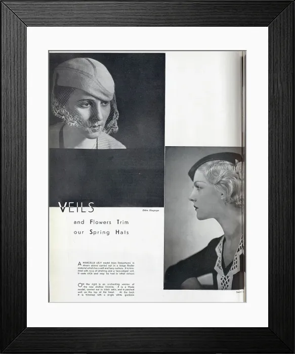 Framed Print : Photographs of models in spring hats. Captioned, Veils and Flowers trim our spring hats'. With descriptions, A Marcelle Lely model from Debenhams is shown above carried out in a beige Rodier material which has a soft and furry surface Framed Print : Photographs of models in spring hats. Captioned, Veils and Flowers trim our spring hats'. With descriptions, A Marcelle Lely model from Debenhams is shown above carried out in a beige Rodier material which has a soft and furry surface
