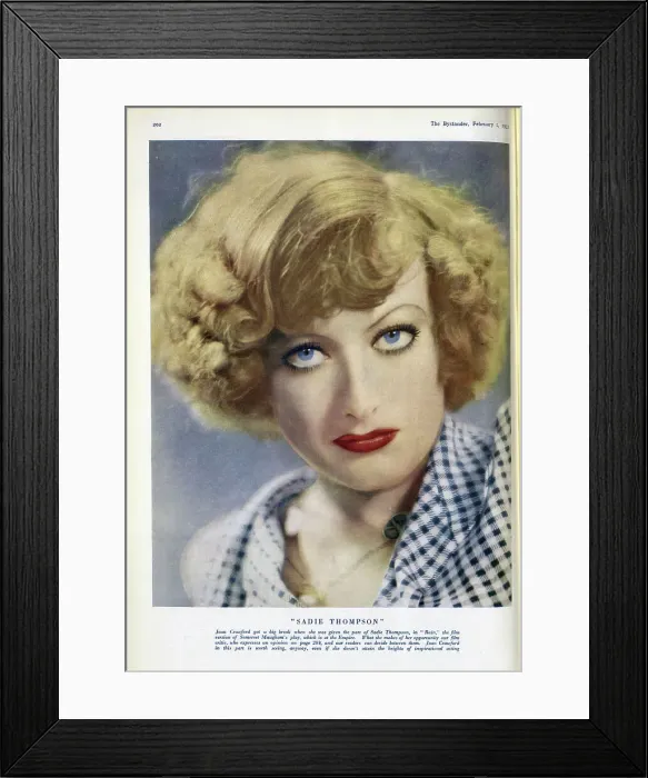 Framed Print : Joan Crawford as Sadie Thompson, in Rain, enhanced colour photograph. With description, Joan Crawford got a big break when she was given the part of Sadie Thompson, in Rain
