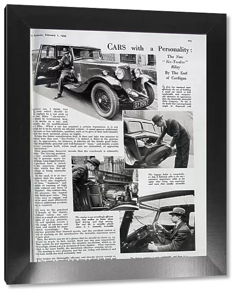 Advertisement for Six-Twelve Riley car. Advertorial by the Earl of Cardigan. Captioned, Cars with a Personality: the new Six-Twelve Riley'. Showing interior and exterior of the car, the engine, and storage