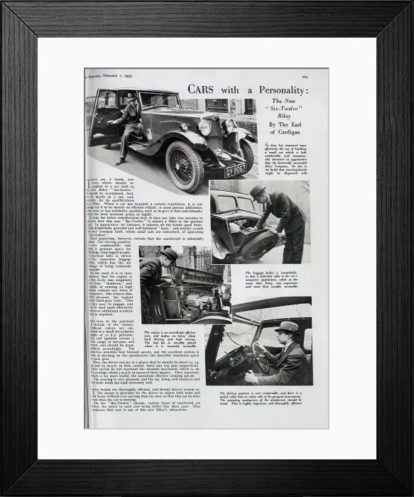Framed Print : Advertisement for Six-Twelve Riley car. Advertorial by the Earl of Cardigan. Captioned, Cars with a Personality: the new Six-Twelve Riley'. Showing interior and exterior of the car, the engine, and storage Framed Print : Advertisement for Six-Twelve Riley car. Advertorial by the Earl of Cardigan. Captioned, Cars with a Personality: the new Six-Twelve Riley'. Showing interior and exterior of the car, the engine, and storage