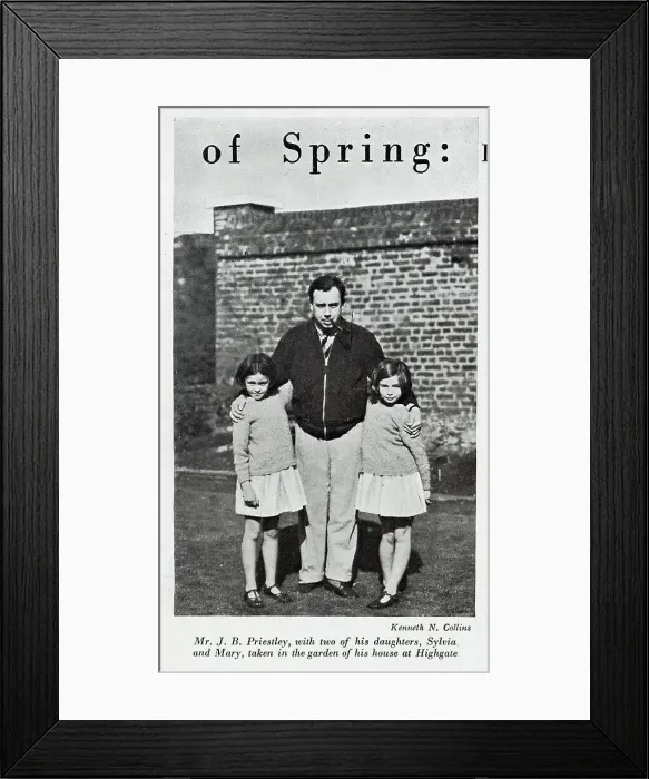 Framed Print : Photograph of J B Priestley and daughters. Captioned, Mr J B Priestley, with two of his daughters, Sylvia and Mary, taken in the garden of his house at Highgate'. From an article, Heralds of Spring'by Ericus Framed Print : Photograph of J B Priestley and daughters. Captioned, Mr J B Priestley, with two of his daughters, Sylvia and Mary, taken in the garden of his house at Highgate'. From an article, Heralds of Spring'by Ericus