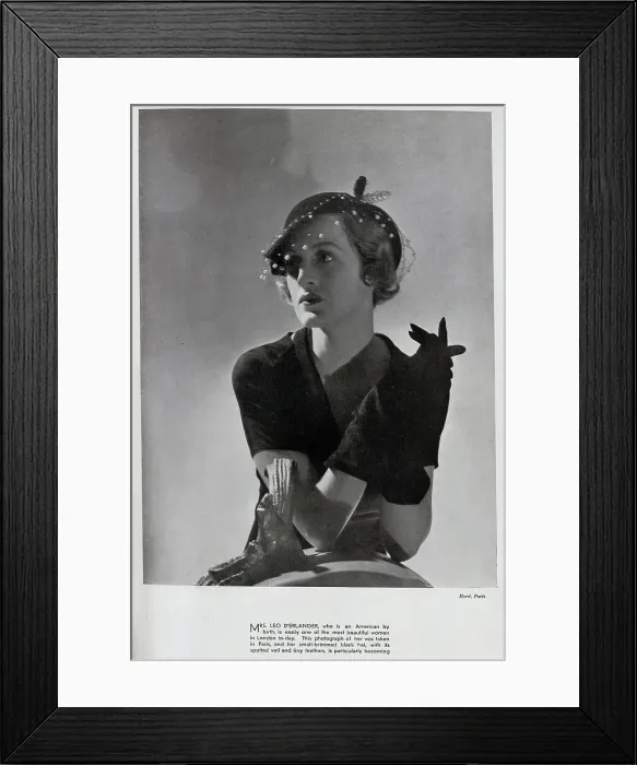 Framed Print : Mrs Leo d'Erlanger, studio fashion portrait in hat and gloves. With description, Mrs Leo d'Erlanger, who is an American by birth, is easily one of the most beautiful women in London to-day Framed Print : Mrs Leo d'Erlanger, studio fashion portrait in hat and gloves. With description, Mrs Leo d'Erlanger, who is an American by birth, is easily one of the most beautiful women in London to-day