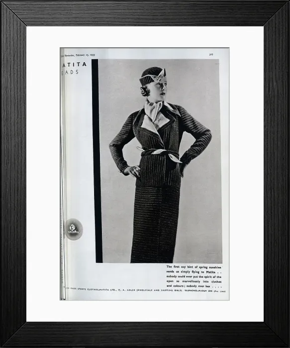 Framed Print : Advertisement for Matita Ltd, British Made Sports Clothes'. Studio fashion portrait, showing model wearing striped jacket, skirt, gloves and matching hat. Date: 1933 Framed Print : Advertisement for Matita Ltd, British Made Sports Clothes'. Studio fashion portrait, showing model wearing striped jacket, skirt, gloves and matching hat. Date: 1933