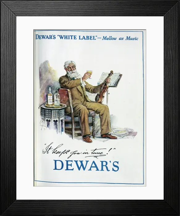Framed Print : Advertisement for Dewar's White Label whisky. Captioned, Dewar's White Label - Mellow as Music, and Keeps you in Tune Framed Print : Advertisement for Dewar's White Label whisky. Captioned, Dewar's White Label - Mellow as Music, and Keeps you in Tune