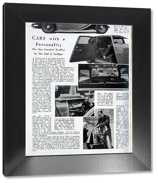 Standard Swallow car, advertorial by the Earl of Cardigan. Captioned, Cars with a Personality: The New Standard Swallow'. Showing interior and exterior of the car, the engine, and storage