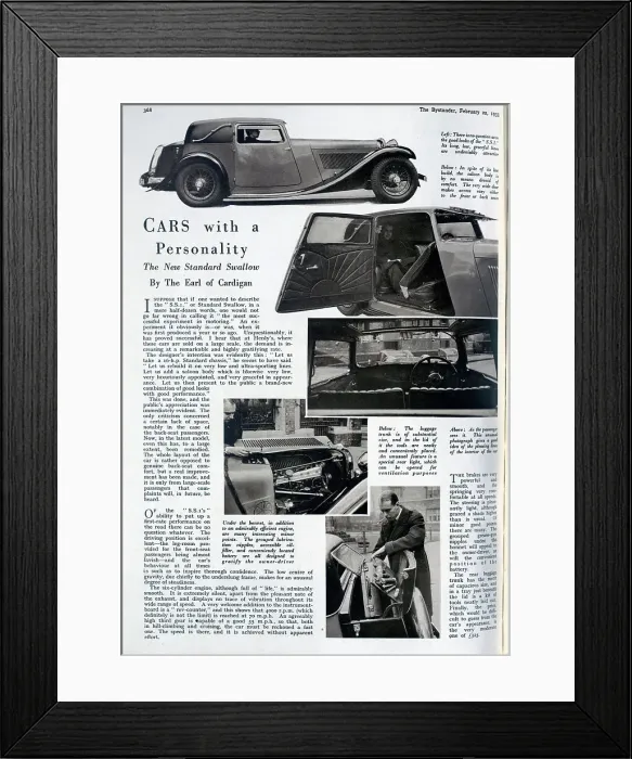 Framed Print : Standard Swallow car, advertorial by the Earl of Cardigan. Captioned, Cars with a Personality: The New Standard Swallow'. Showing interior and exterior of the car, the engine, and storage Framed Print : Standard Swallow car, advertorial by the Earl of Cardigan. Captioned, Cars with a Personality: The New Standard Swallow'. Showing interior and exterior of the car, the engine, and storage