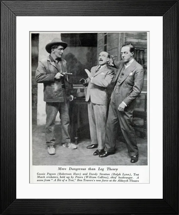 Framed Print : Ben Travers farce scene, theatrical action photograph. With description, More Dangerous than Leg Theory; Gussie Pogson (Robertson Hare) and Dandy Stratton (Ralph Lynn), Test Match cricketers, held up by Peters (William Collins) Framed Print : Ben Travers farce scene, theatrical action photograph. With description, More Dangerous than Leg Theory; Gussie Pogson (Robertson Hare) and Dandy Stratton (Ralph Lynn), Test Match cricketers, held up by Peters (William Collins)