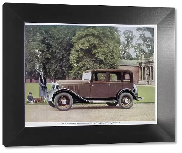Advertisement for Ford Motor Company V8 car. Colour photograph showing woman, boy and dog, waiting by a brown V8 Deluxe Fordor Saloon, on gravel driveway outside a grand house. Captioned, Money is not everything